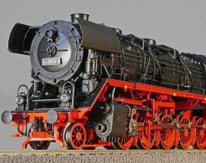 image of black and red old steam train